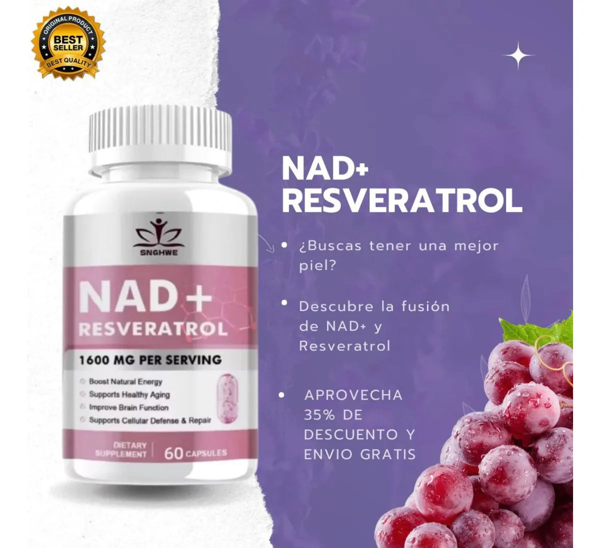 NAD+ con Trans-Resveratrol Puro 98% | 60 cápsulas