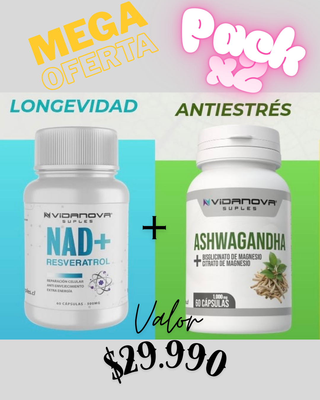 Pack Bienestar Total – Ashwagandha + NAD + Resveratrol | 60 cápsulas c/u